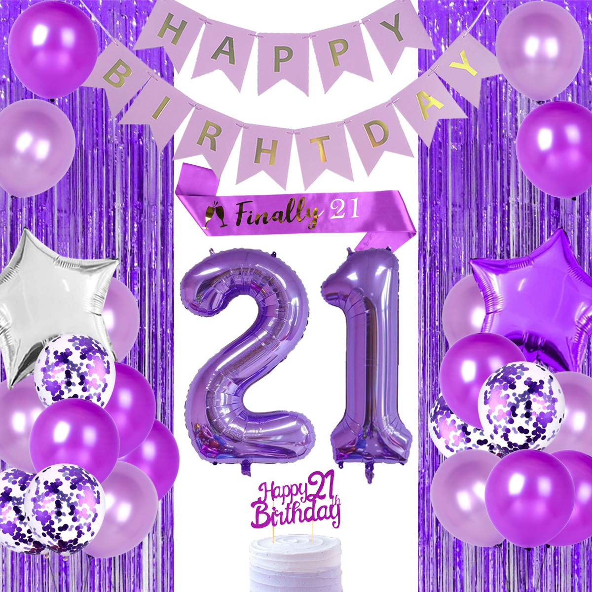 Jollyboom Purple 21st Birthday Decorations for Women Her 21 Party Decorative Supplies with Finally 21 Birthday Sash Happy 21st Birthday Cake Topper Number 21 Foil Balloon