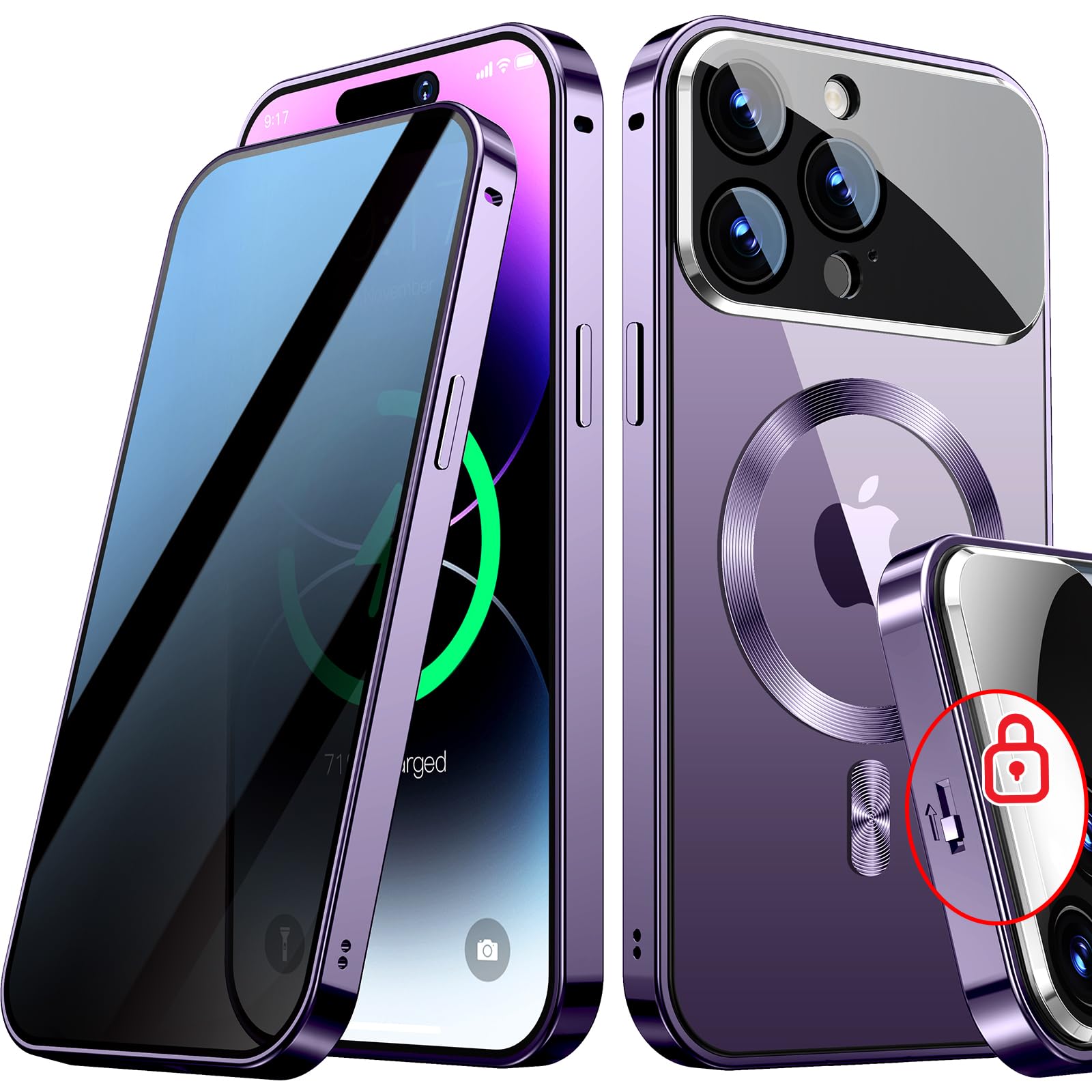 Photo 1 of [Full Camera Protection& Mechanical Lock]Magnetic Privacy Case for iPhone 14 Pro Max[Compatible with MagSafe][CD Metal Ring]Full Body Shockproof Metal Bumper, 9H Anti Peeping Glass Cover-Purple