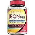 Doctor's Recipes Iron Supplement for Women Men - Gentle Iron Bisglycinate with Vitamin C, B6, Folate & B12 - Non-Constipating & Stomach Friendly Iron Pills for Blood & Energy Support, 90 Vegan Caps