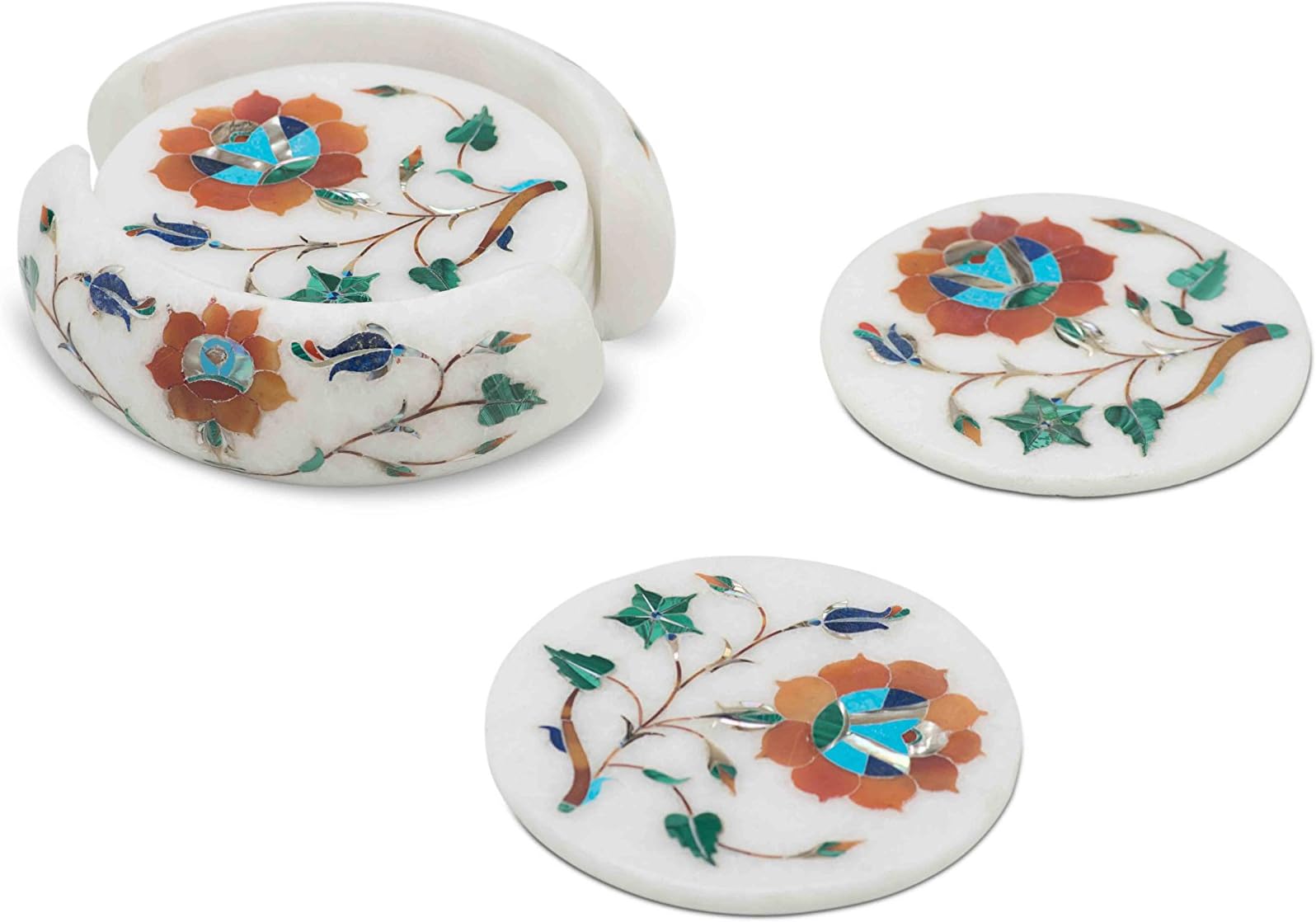 SOSPL Marble Classy Inlay Floral Coaster Set (White)
