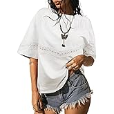 Falechay Womens Summer Tops Oversized Short Sleeve Boho Casual Shirts Flowy Lace Crochet Eyelet Loose Blouse Trendy 2025