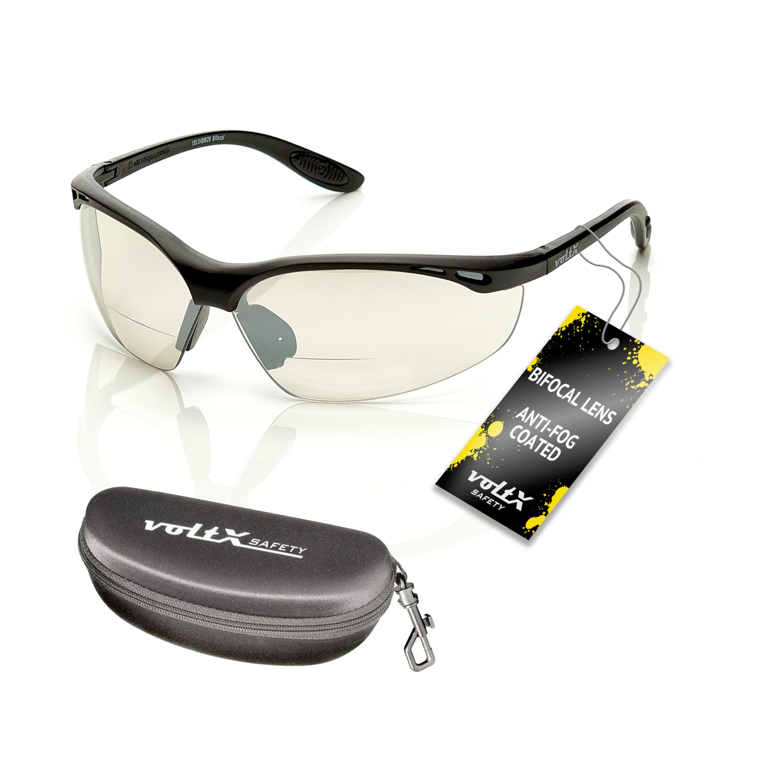 voltX 'CONSTRUCTOR' BIFOCAL Reading Safety Glasses (MIRROR +3.0 Dioptre INDOOR/OUTDOOR LENS) UKCA & CE EN166F certified/Cycling Sports Glasses includes safety cord + Clamshell Safety Case + UV400 lens