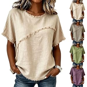 Linen Shirts for Women Summer 2026 Short Sleeve Boho Tops Casual Retro Frayed Gauze Blouses Raw Hem Beach Tops