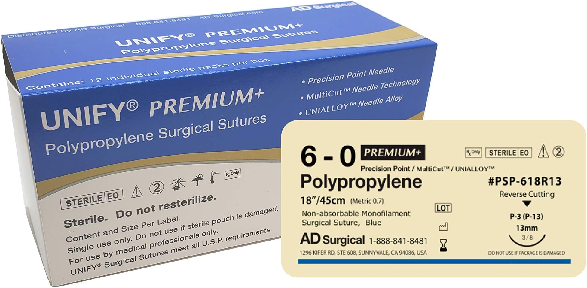 Unify Premium+ Polypropylene Surgical Sutures, Size 6/0, 18" Thread with 13mm 3/8 Circle R/C Needle. Blue. Box of 12.