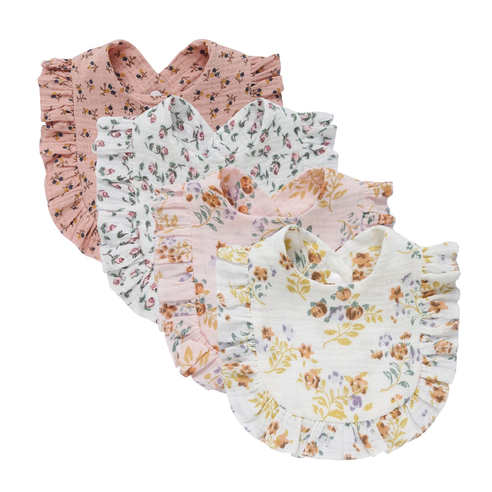 Photo 1 of ***MISSING ONE**4 PACK Solid Muslin Baby Drool Bibs Set for Unisex Boys Girls Cotton Adjustable Teething Feeding Drooling Bibs (Flower Set)