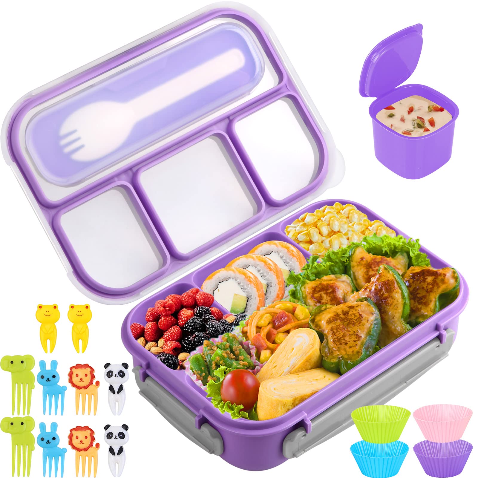 Photo 1 of Bento Box, Lunch Box Kids, 1300ML with 4 Compartment&Food Picks Cake Cups, Containers for Adults/Kids/Toddler, Leak-Proof, Microwave/Dishwasher/Freezer Safe(Purple)