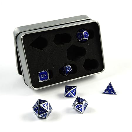 shibby 7 polyedrische Metall-Würfel für Rollen- und Tabletopspiele in Steampunk Silber/Blau-Optik inkl. Aufbewahrungsbox