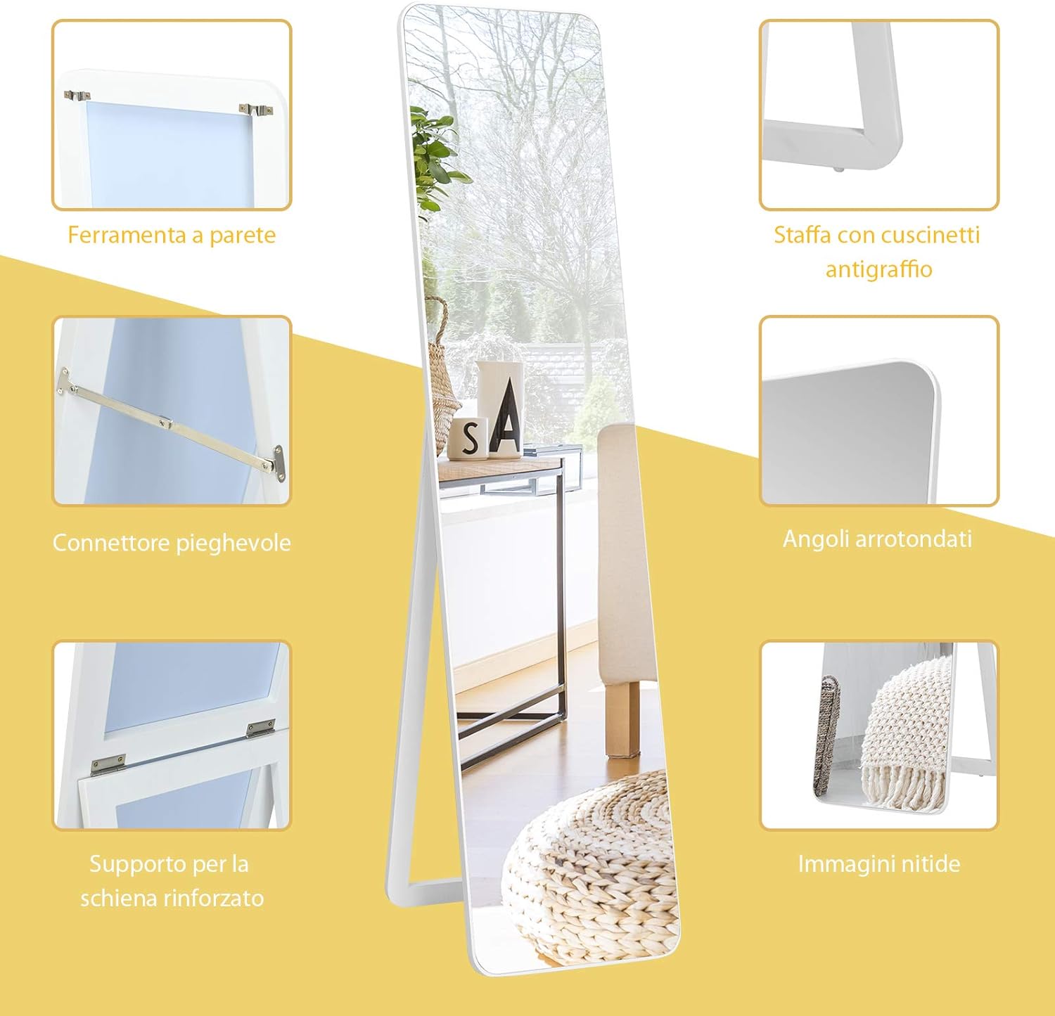 Specchio ad arco Girevole a 360° con appendiabiti, in legno massiccio, 3 in 1 specchio da pavimento con ripiano portaoggetti e ganci e aste, per camera da letto e soggiorno