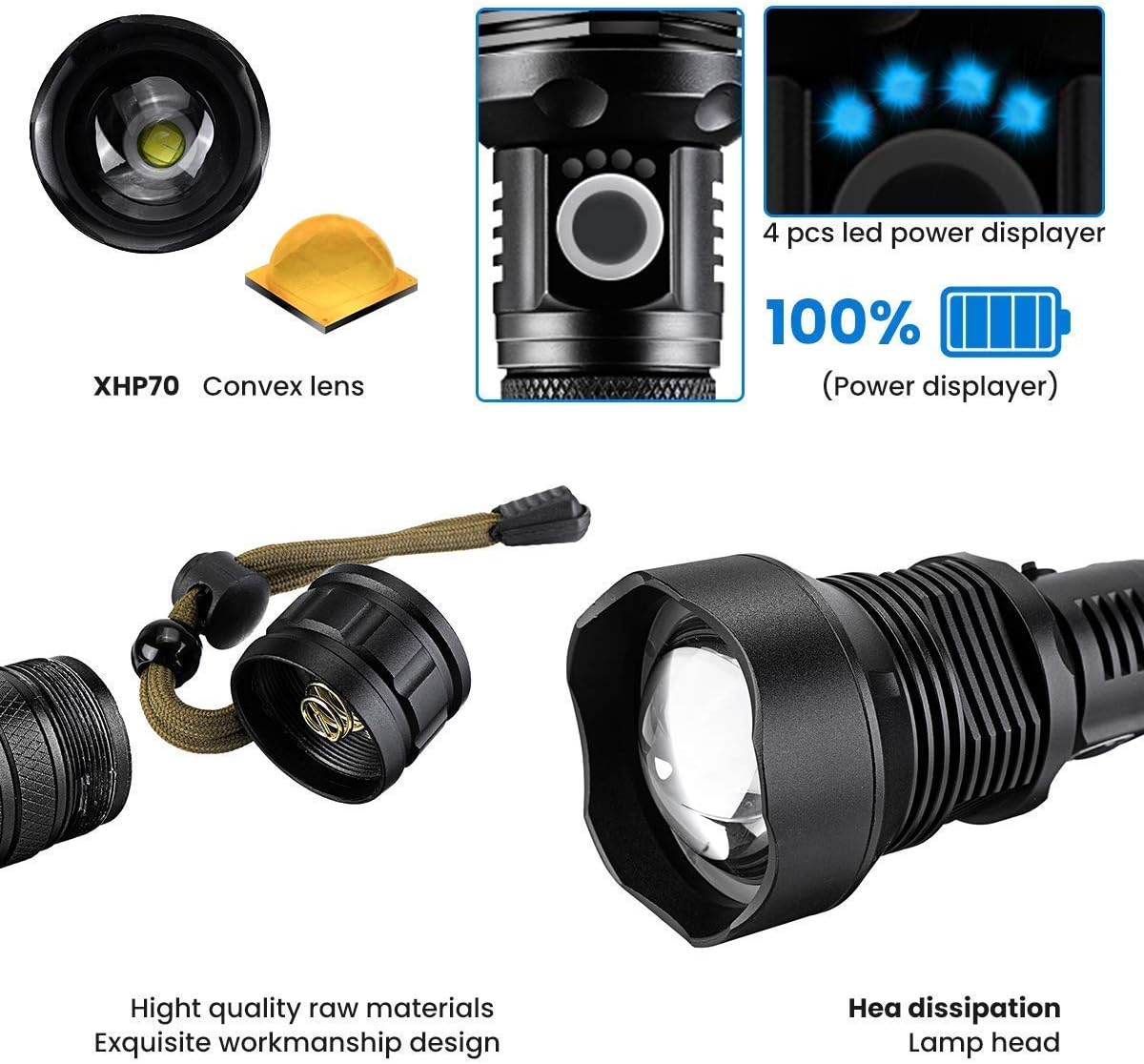 LED Flashlight, 90000 Lumens, Zoomable & Most Powerful Torch with 26650 Battery & USB Rechargeable, 3 Modes Searchlight for Outdoor or Home Emergency (P70 - Black) - - 