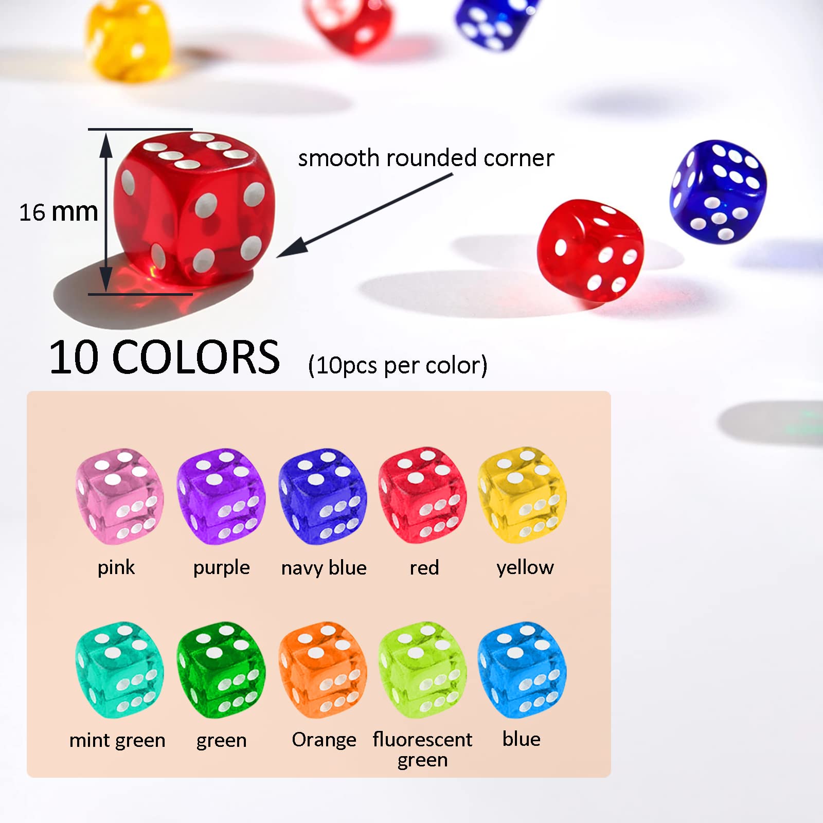 Dice Set 100 Pcs, 16MM (5/8 inches) 6 Sided Translucent Colors Game Dice,10 Colors, with Black Pouch
