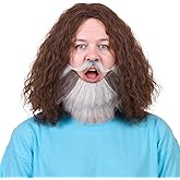 FantaLook Medium Curly Brown Cosplay Wig with Beard Set for Halloween Costume Party