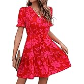 SweatyRocks Women's Floral Print V Neck Dress Short Puff Sleeve Tie Front Ruffle Hem Flare Short Dress