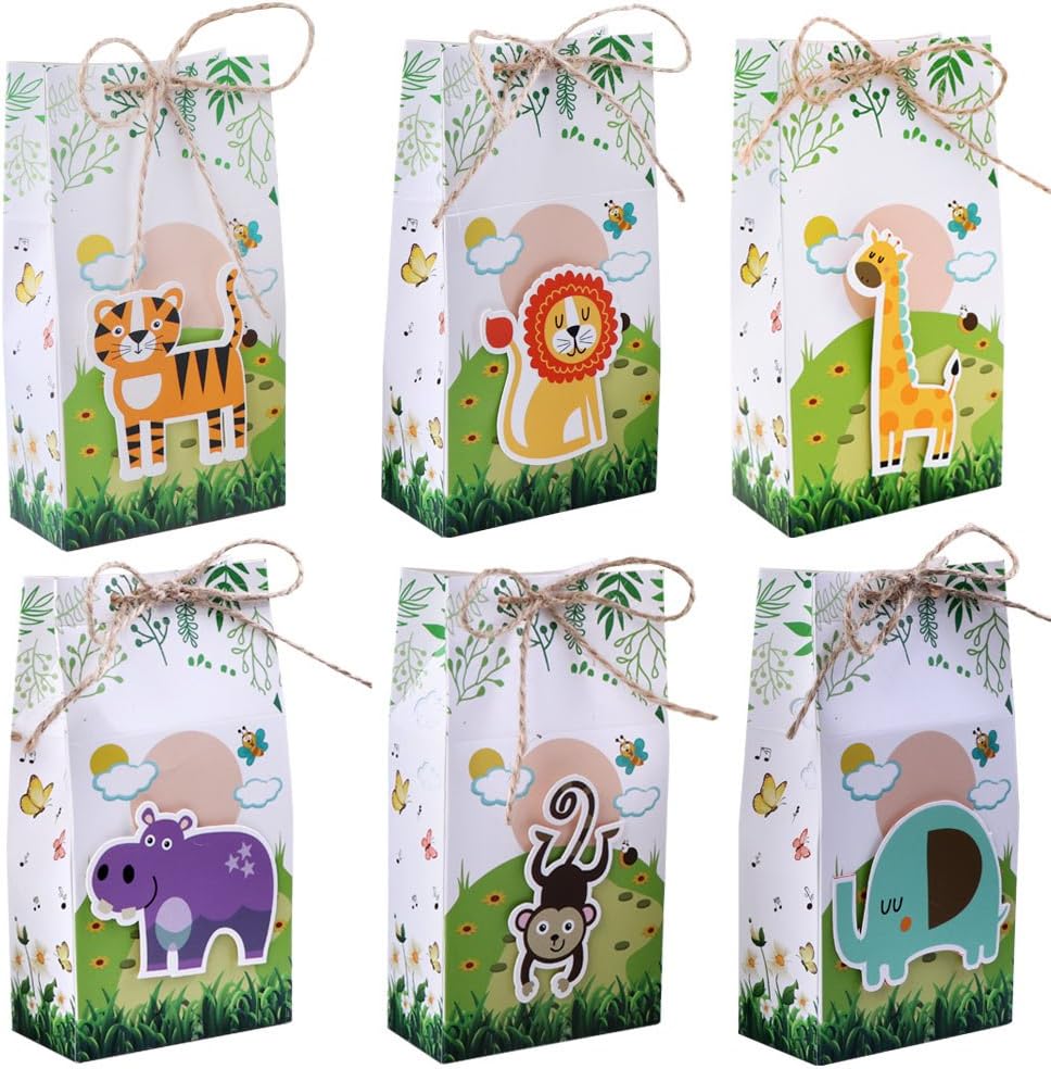 Aparty4u 12pcs Upgrade Safari Animals Bags, Paper Gift Box Kids Party Decorations Perfect with Jungle Baby Shower Birthday Party Supplies