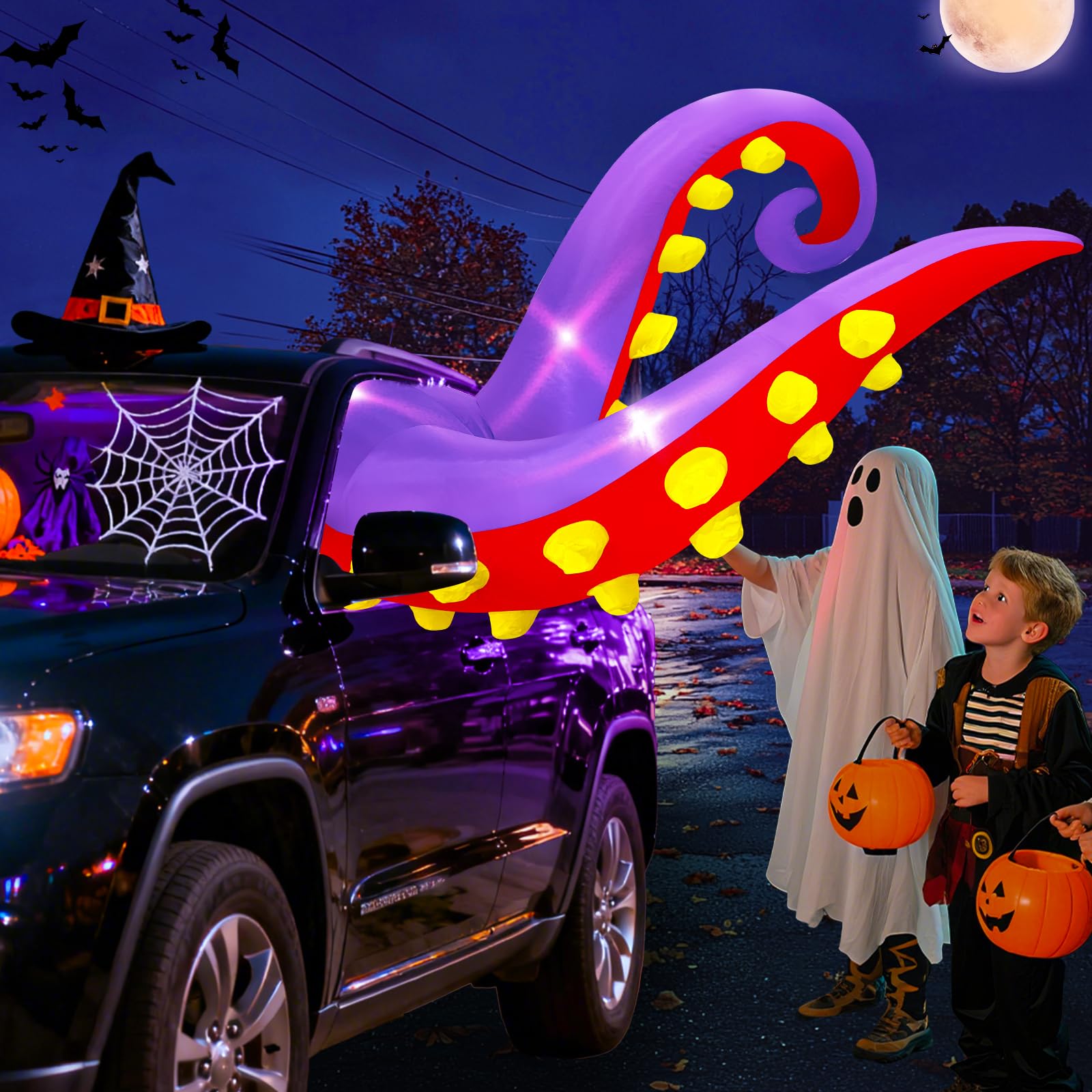 Photo 1 of 4.5 FT Halloween Inflatable Trunk or Treat Car Decorations Octopus Tentacles Broke Out from Car Window with 3 Built-in LEDs Lights, Blow Up Spooky Octopus Legs Car Decor for SUVs Sedans Outdoor Yard