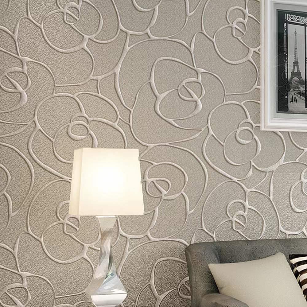 MEAIHOME Modern Simplicity 3D Rose Pattern Non-Woven Flocking Deep Embossed for Living Room Bedroom Wallpaper Roll 0.53m (1.73' W) x 10m (32.8' L) = 5.3㎡ (57 sq.ft) Non-Pasted (Cream&Gray)