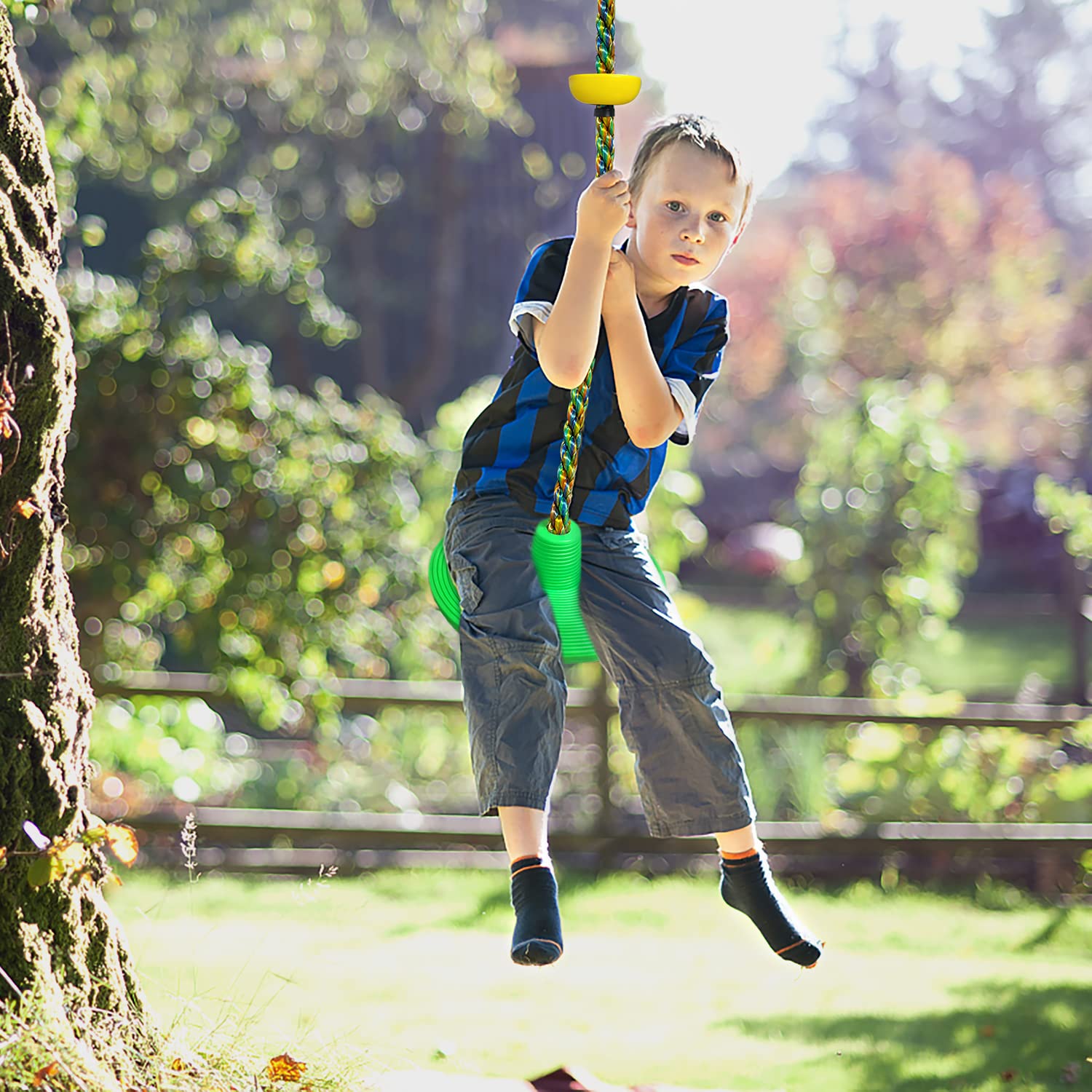 Tree Swing for Kids Backyard Single Disc Rope Climbing Swing Seat for Tree Indoor Outdoor Playground Set Accessories with Thickening 4 Ft Strap-Green