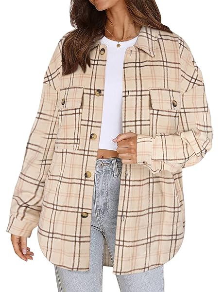 ALIMASHA WOMEN’S FLANNEL PLAID SHACKETS LONG SLEEVE SHIRT AUTUMN WINTER BUTTON DOWN JACKET WITH POCKETS