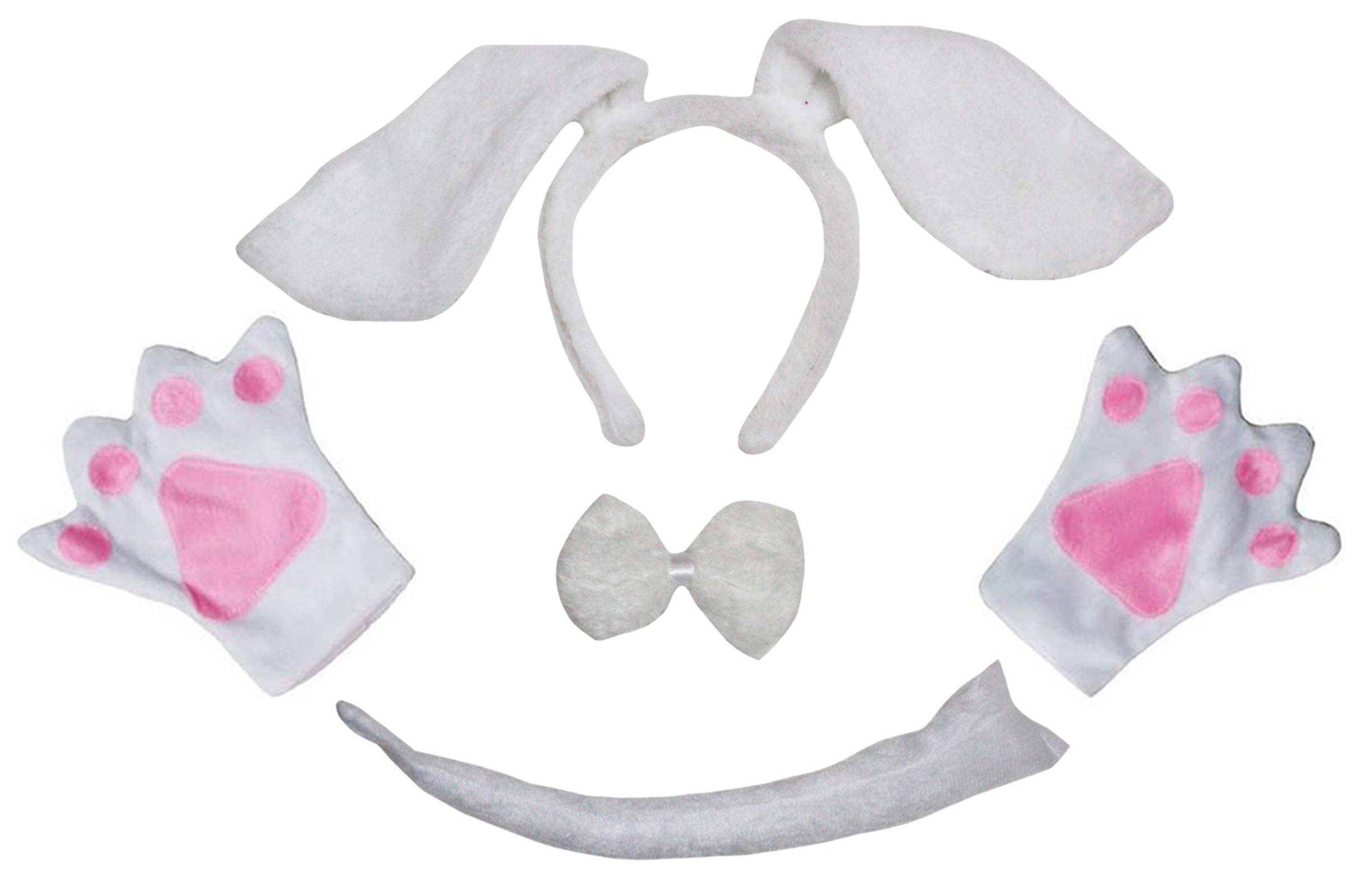 Petitebelle Long Ear Dog Headband Bowtie Tail Gloves 4pc Costume 1-10y (White, 1-5 Years)