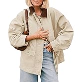 Tankaneo Womens Oversized Barn Jacket Zip Up Military Safari Jackets Fall Color Block Vintage Trench Coat with Pockets