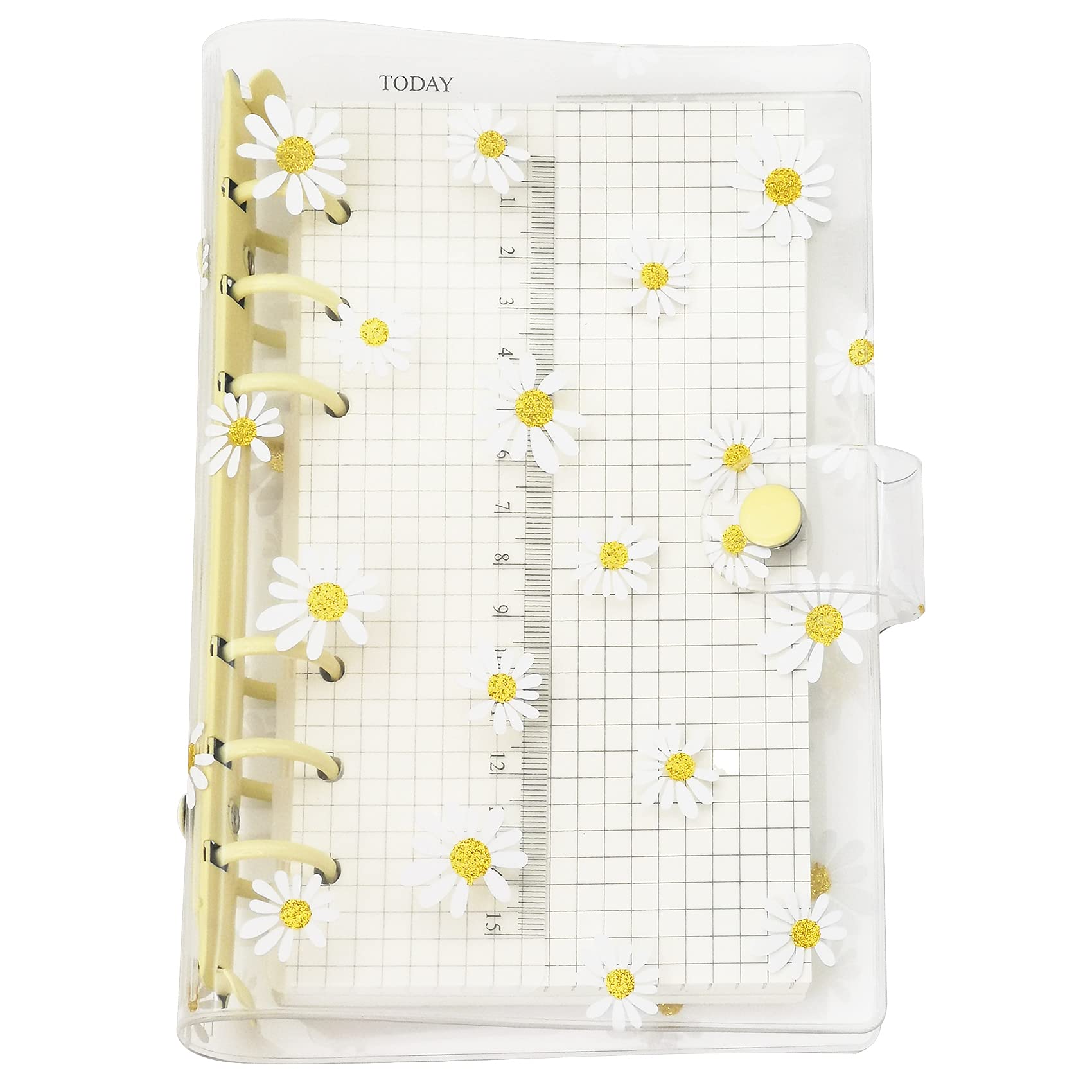 A6 A5 6-Holes Colorful PVC Cover Round Ring View Binder with Snap Button Closure File Folder (Yellow Daisy, A6 mini Set)