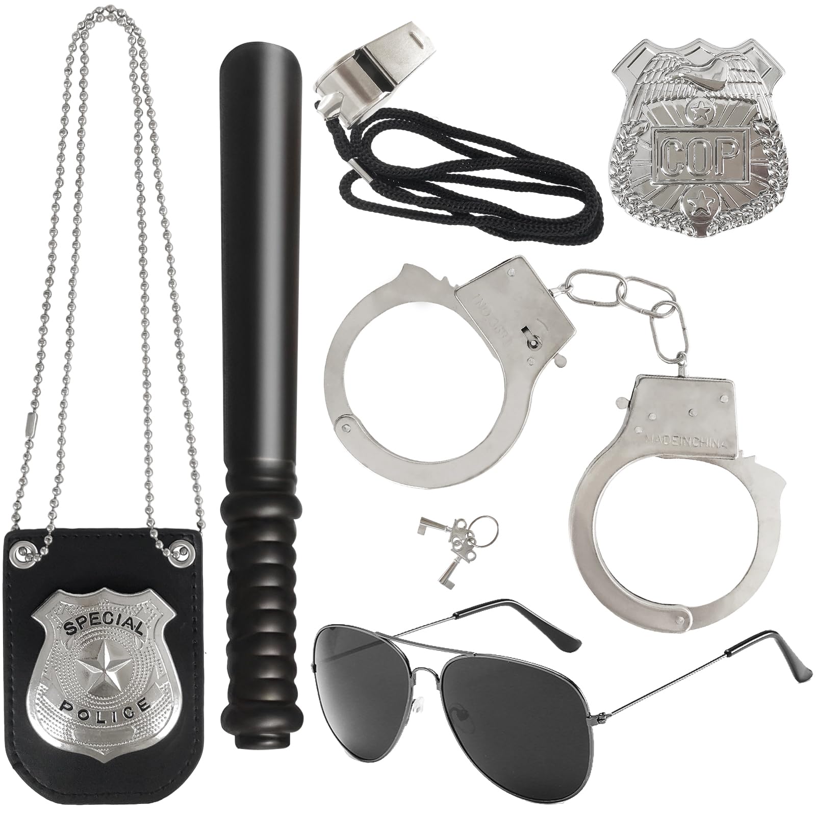 Photo 1 of 6Pcs Police Pretend Play Toys Set,Kids Detective Set Accessories,Police Officer Costumes with Sunglasses,Badges,Handcuffs,Police Baton,Whistle for Kids