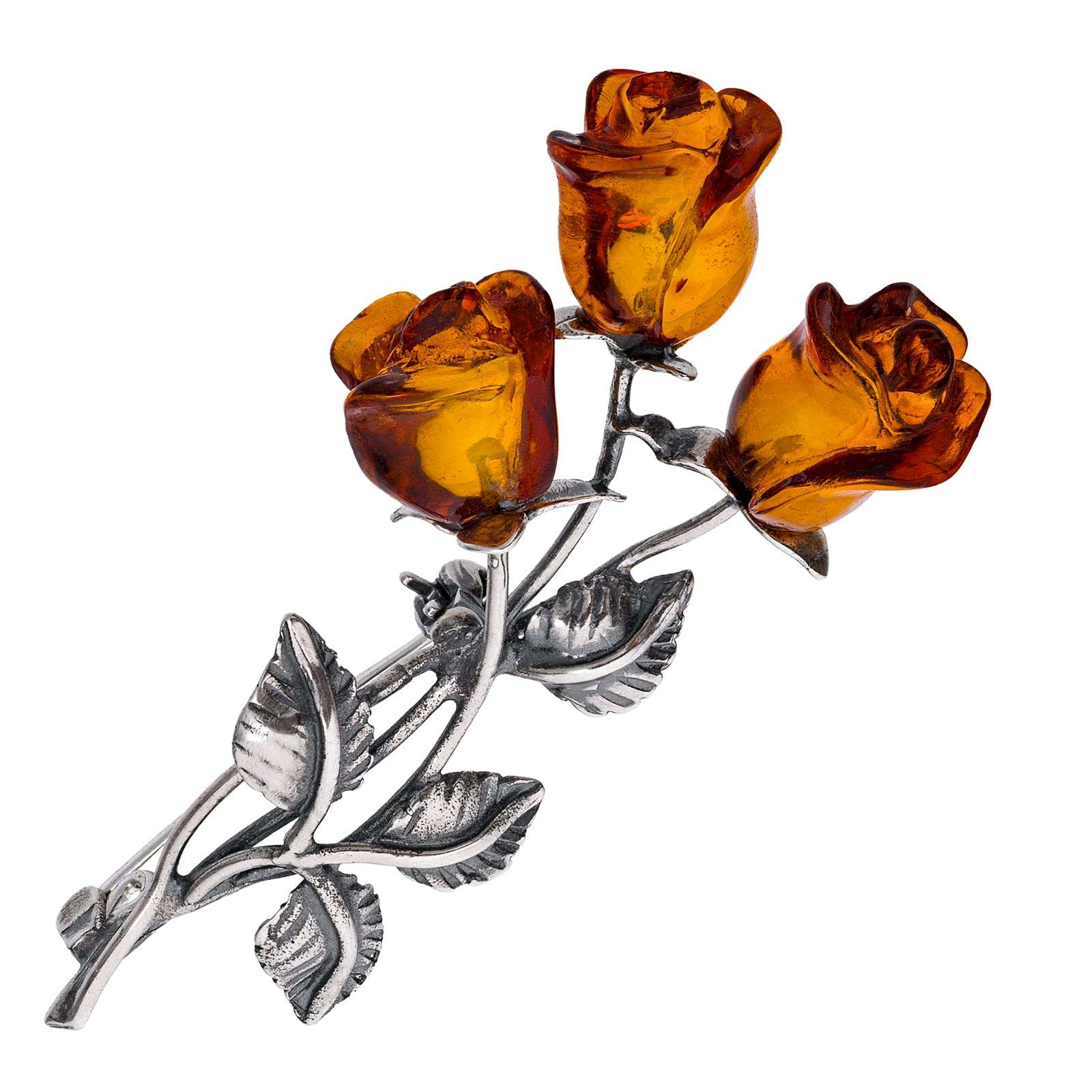 Women’s Brooch, Oxidised Sterling Silver, Hand Carved Amber Roses, Silver Brooch with Three Amber Roses in Cognac Colour, 5g