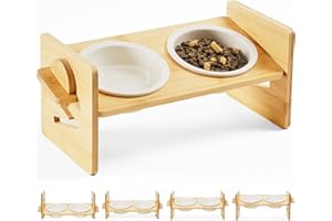 HICC PULE Elevated Pet Bowls for Cats & Small Dogs, Natural Bamboo with Ceramic Raised Small Dog Bowls, Cat Food Dish Bowls Elevated and 15° Tilted, Whisker Friendly, Dishwasher Safe
