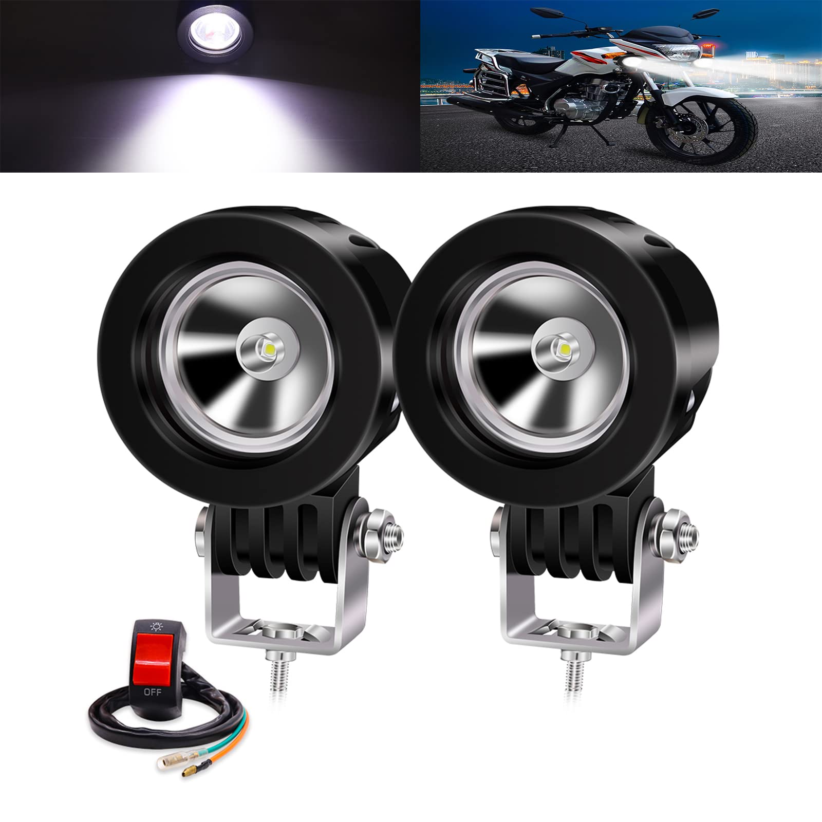 YnGia 10W Motorcycle Spotlights Led Auxiliary Lights, 2PCS White Motorcycle Fog Light LED Work Light 12V 24V for Car Truck Off Road 4X4 ATV Tractor