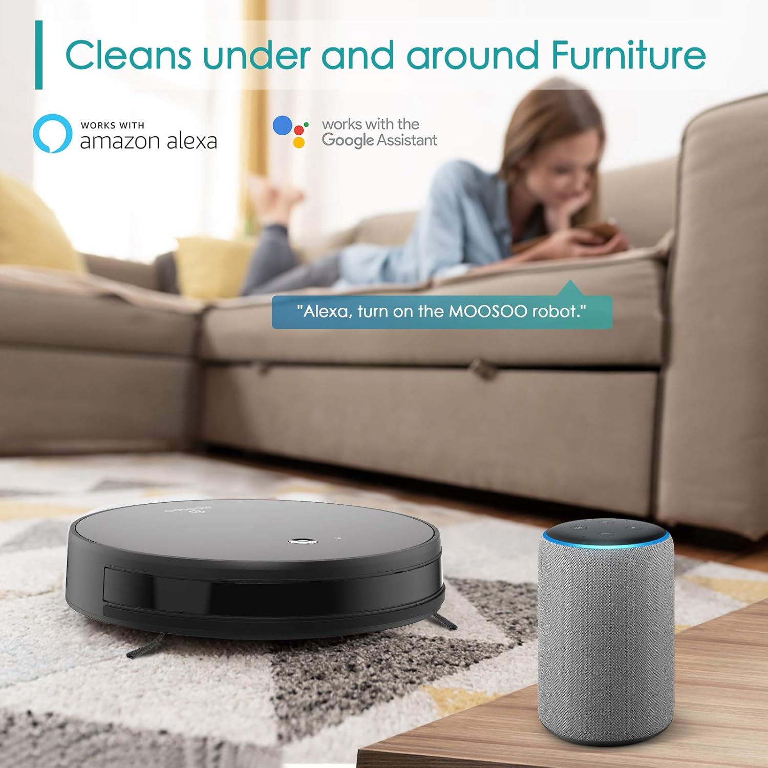 Robot Vacuum, MOOSOO Robotic Vacuum Cleaner, Wi-Fi Connectivity, 1800Pa Suction, Self-Charging, Multiple Cleaning Modes, Best for Pet Hairs, Hard Floor & Medium Carpet -