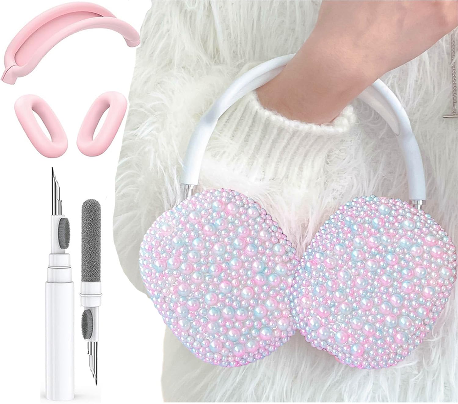 Photo 1 of Glitter Pearls Case Cover for AirPods Max Headphones with Cleaner Pen Girls, Soft Handmade Beads TPU Ear Cups/Ear Pad/Headband Cover Silicone Protector for Apple Air Pod Max Accessories, Gradient Pink