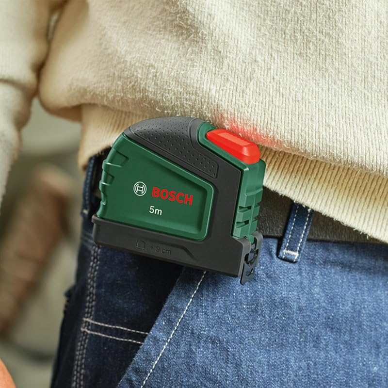 Fita métrica Bosch 5 m + lápis marcador (com clipe de lápis, fecho automático, revestimento de nylon, espaçamento de 2 m, régua métrica, alta precisão, clip de cinto, cabo macio) Amazon Edition
