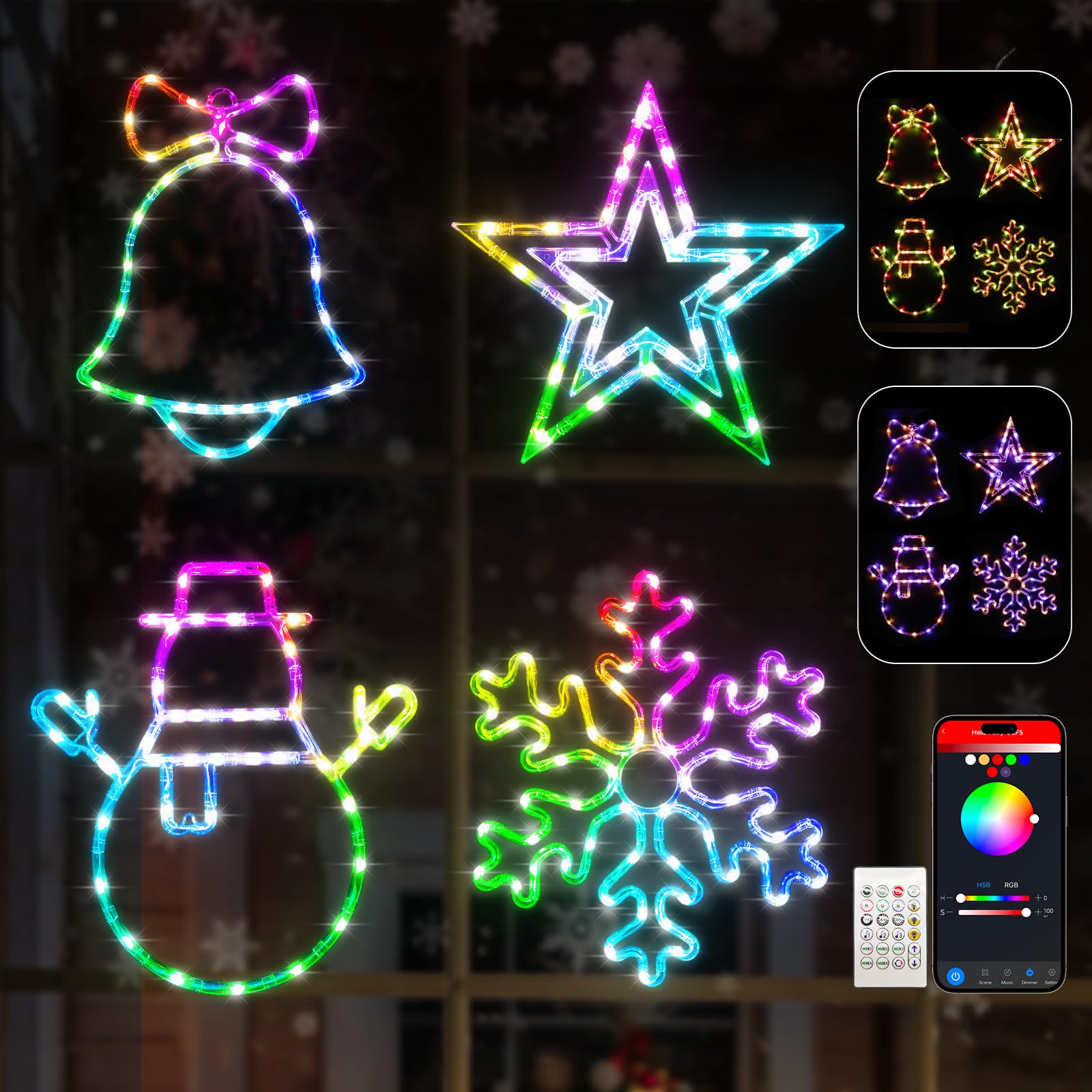 Photo 1 of 15'' Smart Christmas Window Lights 4 Pack, Color Changing Window Silhouette Lights, Timer, App Control, Music Sync, Bells, Snowflake, Star, Lighted Christmas Decorations for Indoor Outdoor