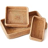 Rattan Serving Tray, Rectangle Basket Set of 3, Wicker Storage and Organizing Baskets, Natural Decorative Woven Tray for Home Decor, Bathroom, Kitchen Counter