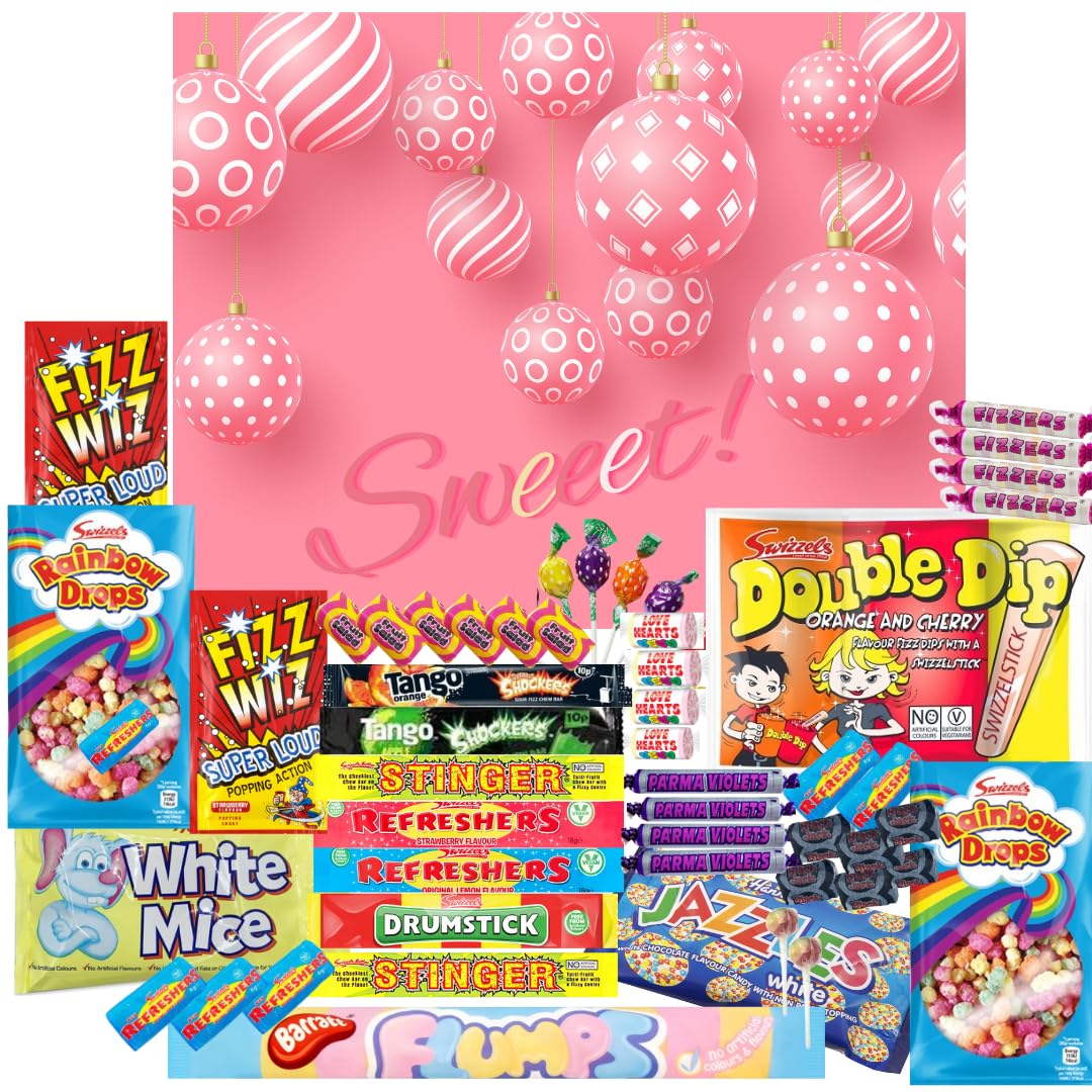 Retro Sweets Gift Box Ultimate Sweet Hamper Selection Box. Packed with a Massive 50 Popular British Sweets! Fantastic Gift Hamper, Sweet Hamper for Adults, Kids Sweets Gift Box (Pink and Gold)