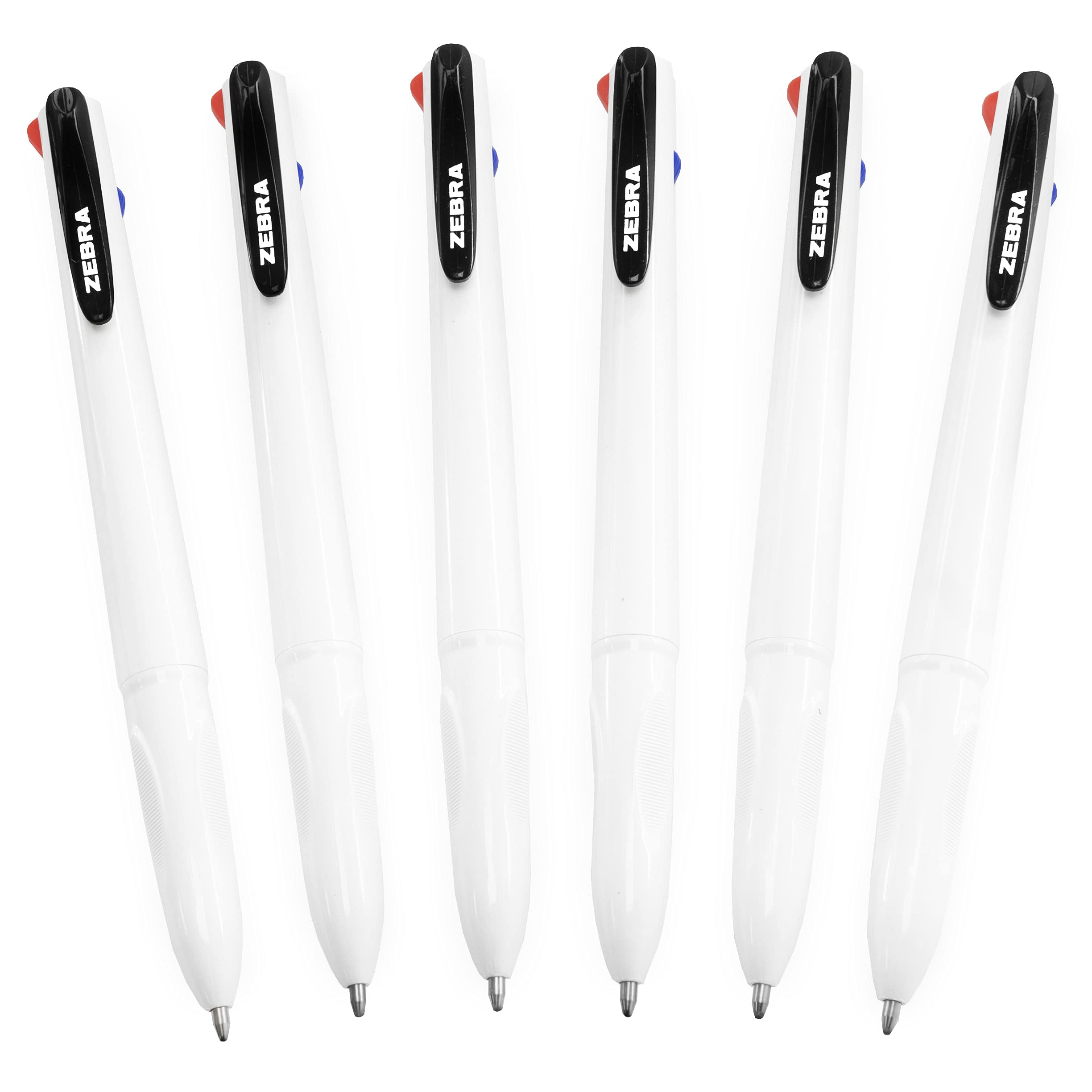 Zebra Z-Grip Elegance 4 in 1 Colours Retractable Ballpoint Pen - 1.0mm - White Barrel - Black, Blue, Red, Green - Pack of 6