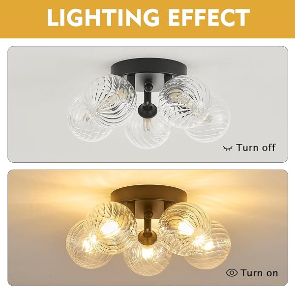 BRFAIXLA 5 LIGHTS SEMI FLUSH MOUNT CEILING BUBBLE LIGHT FIXTURE DIA 12.6″ BLACK CLOSE TO CEILING LIGHT MODERN SWIRLED CLEAR RIBBED BLOWN GLASS BALL CHANDELIER FOR HALLWAY ENTRYWAY KITCHEN DINING ROOM