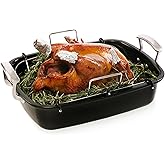 Uukrave Turkey Roasting Pan with Rack (U-Shaped), Extra Large 18.5 x 14.7 Inch Nonstick Roaster Pan for 25 lb Turkey or Chicken, Deep Oven Tray with Wide Handles, Heavy Duty Steel, Nontoxic