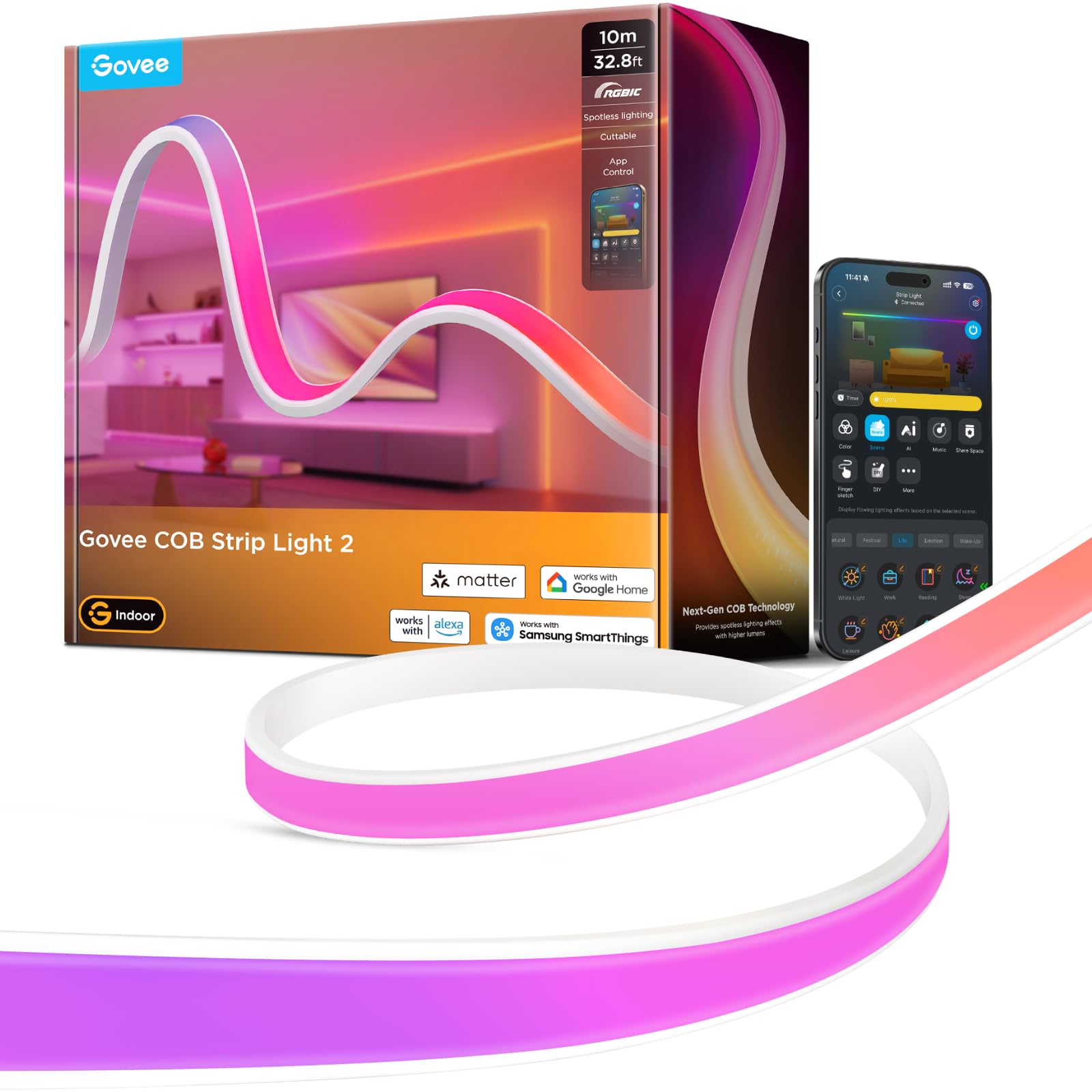 Govee COB LED Strip Lights 2, RGBIC, 840 LEDs/m, 1000K-10000K, 32.8ft | Work with Alexa, Google Assistant, Matter and Smarthi