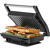 Panini Press Grill, Aigostar 1000W Sandwich Maker with Ceramic Non-stick Plates, Opens 180 Degrees for Any Size Food, 3-in-1 Sandwich Press Electric Grill, Drip Spout & Locking Lid, Sliver