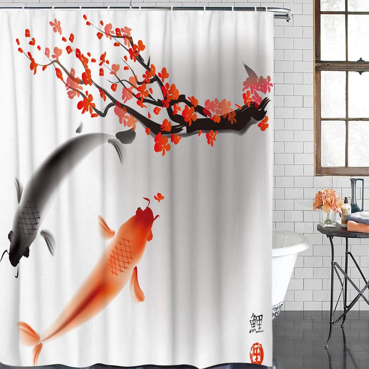 wanxinfu Shower Curtain Polyester Fabric Bathroom Curtain Set with Hooks Bath Decor Set Waterproof Personalized Customization Curtains, Plum Blossom Brocade Carp Pattern 72" x 72"