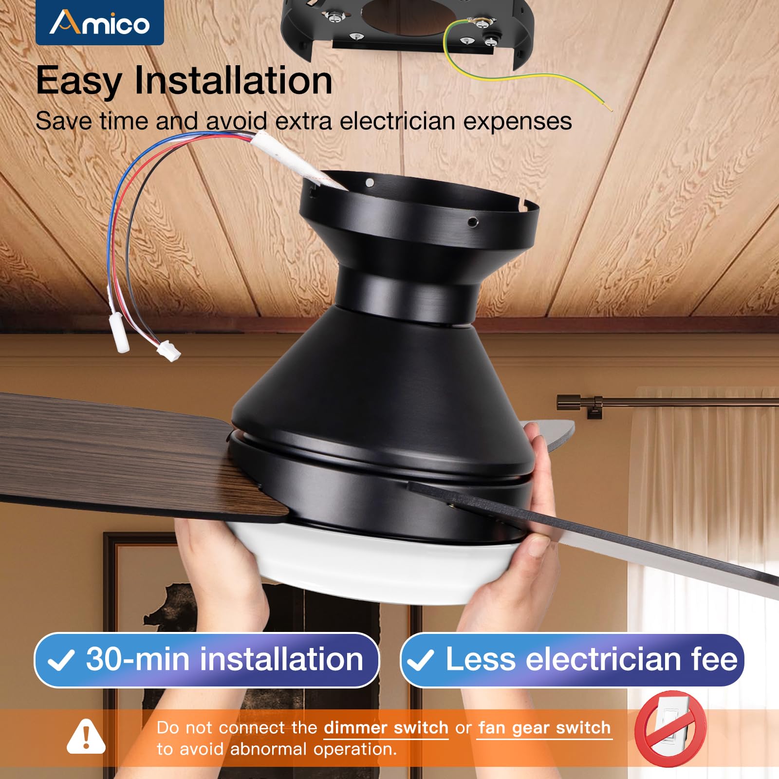 Amico Ceiling Fans with Lights, 42 inch Low Profile Ceiling fan with Light and Remote Control, Flush Mount, Reversible, 3CCT, Dimmable, Noiseless, Black Ceiling Fan for Bedroom, Indoor/Outdoor Use