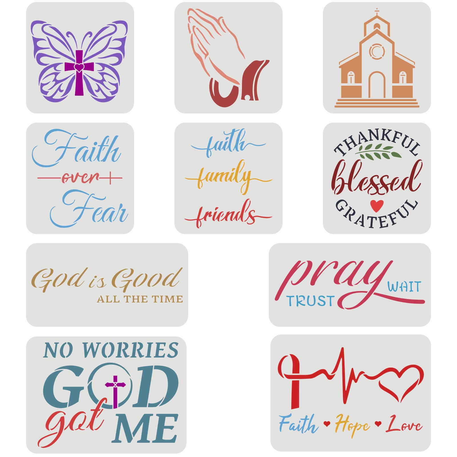 FINGERINSPIRE 10 Pcs 3 Size Christian Stencil Plastic Butterfly Pray Church Pattern Stencil Faith Hope Love,God is Good, Large Bible Sign Motivational Saying Stencils for Home Office Wall Decor