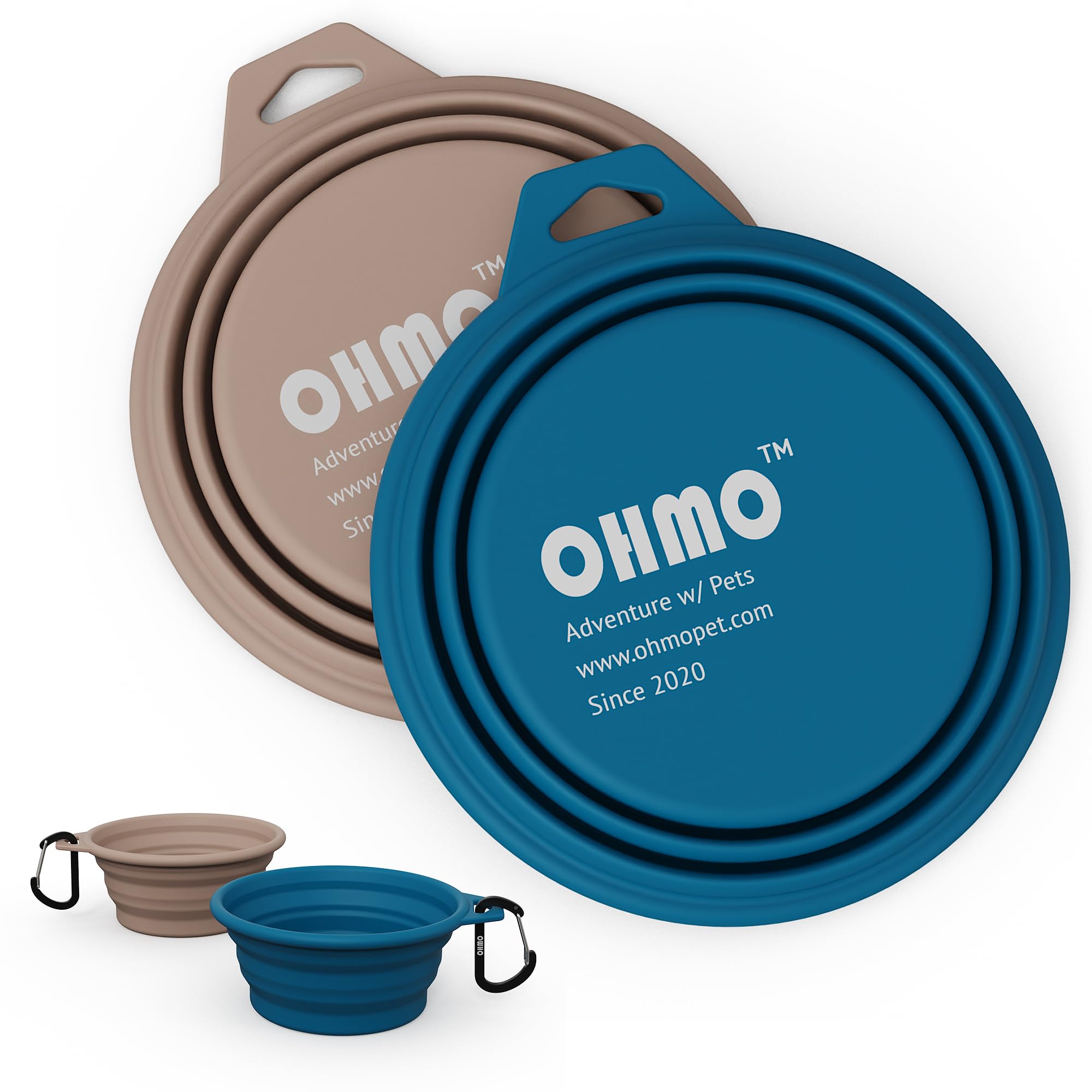 OHMO Collapsible Dog Bowl, (2 Pack 400ml, Blue&Beige) Premium Silicone Pet Water Bowls for Cats & Dogs, Portable Dog Travel Bowls Foldable for Outdoor Camping Hiking — image 1