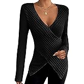Flamingals Women's Elegant Casual Chic Deep V Neck Long Sleeve Stretchy Rib Knit Asymmetrical Wrap Slim Fit T Shirt