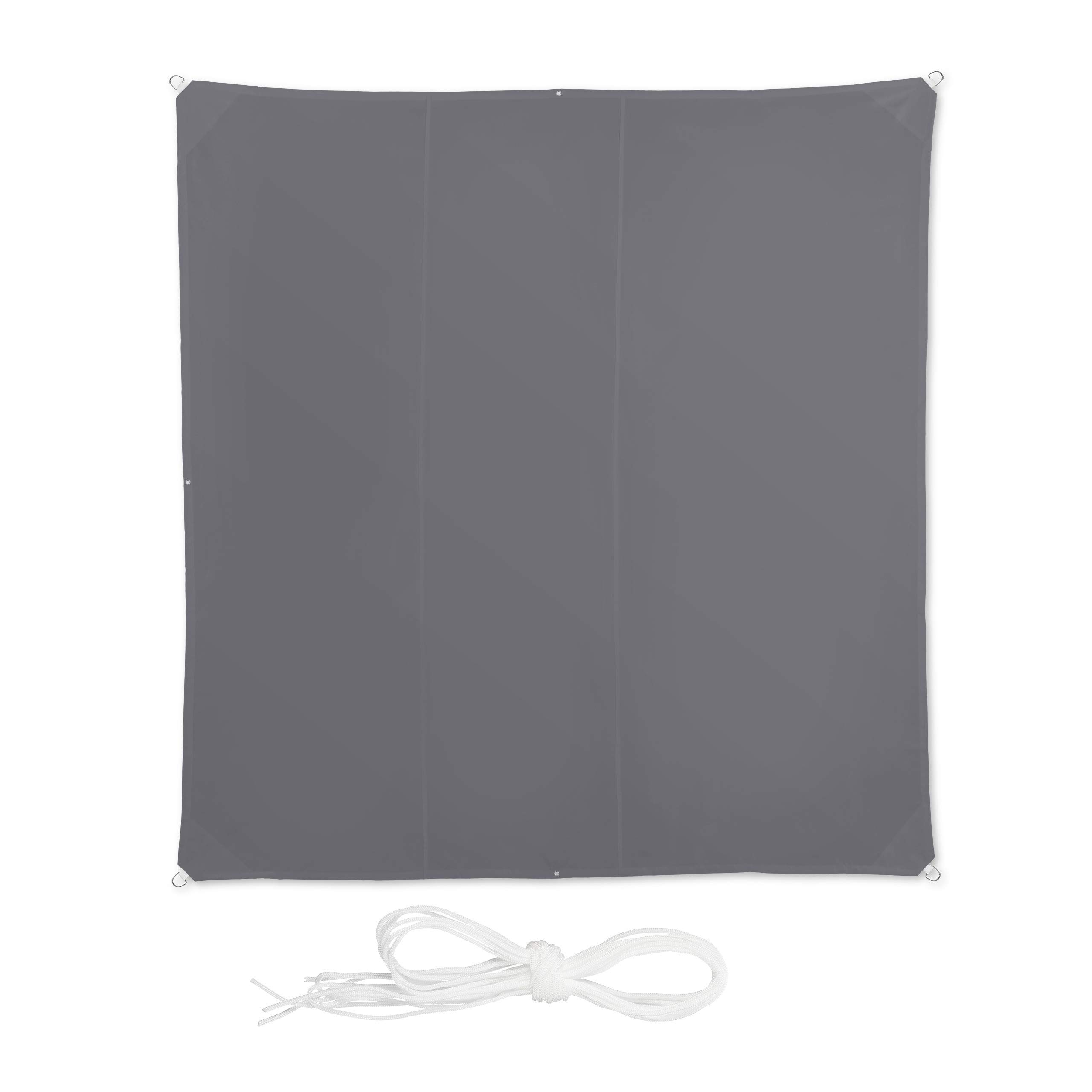 Relaxdays Shade Sail, Square, Water-Repellent, UV-Protection with Tethers, Balcony Canopy, WxD: 4 x 4 m, Grey