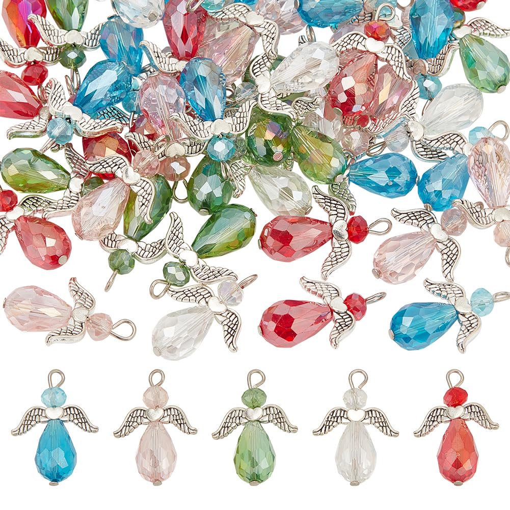 HOBBIESAY 50 Pcs Glass Angel Wing Charms 5 Colors Teardrop Beads Pendant Faceted Dangle Charm DIY Crafting Accessories for Necklace Bracelet Earring Keychain Jewelry Making