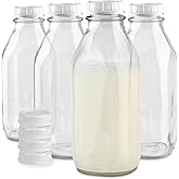 Stock Your Home Liter Glass Milk Bottle with Lid (4 Pack) 32 Oz Jugs and 8 White Caps, Reusable Food Grade Container for Refrigerator, Juice, Oat or Plant Milks, Water, Honey