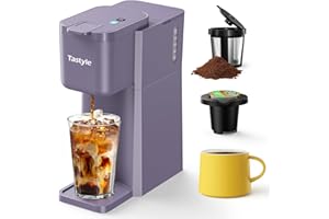 Tastyle Mini Hot and Iced Coffee Maker Single Serve, for K Cup and Ground, 6 to 14 Oz Brew Sizes, with Recipe Book, for Home, Travel, RV, Office and Dorm, Violet