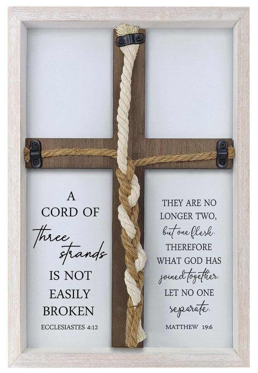 Photo 1 of A Cord of Three Strands Wedding Sign Wall Decor 15x10 Inch Christian Marriage Art Wood Framed Braid for Wedding Ceremony Ideas Religious Couple Anniversary Wall Hanging (White)