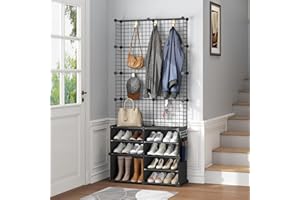 MAGINELS Hall Tree,Entryway Shoe Rack with Coat Hanger,Shoe Rack with Coat Rack,Entryway Organizer,4 Layers Shoe Cabinet and Metal Frame,8 Removable Hooks,for Hang Clothes,Shoes,Bag,Hats,Black